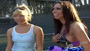 Blonde and brunette lesbians enjoy a street pickup