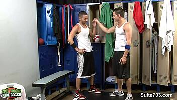 Gay men indulge in cock-sucking action in the locker room
