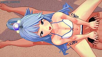 Blue haired beauty Aqua enjoys a blowjob from behind