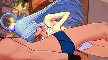 Blue haired beauty Aqua enjoys a blowjob from behind