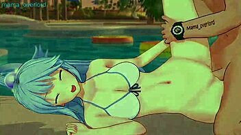Blue haired beauty Aqua enjoys a blowjob from behind