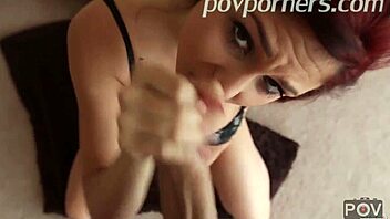 Horny redhead with big boobs sucks and strips for a cumshot