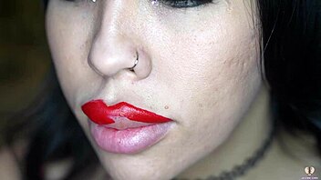 Busty babe with big lips sucks and fakes orgasm