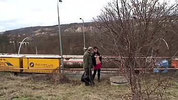 European outdoor encounter results in big natural tits getting a blowjob and cum swallowing