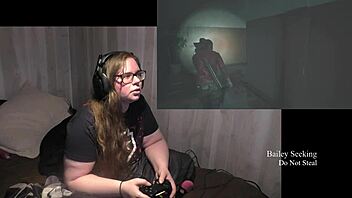 Tattooed brunette BBW rips clothes for fetish striptease in Resident Evil 2 part 4.