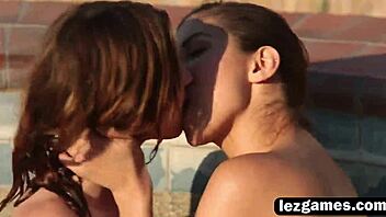 Ellena's Poolside Lesbian Fingering and Kissing with Brunette Babe