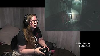 Tattooed brunette BBW rips clothes for fetish striptease in Resident Evil 2 part 4.