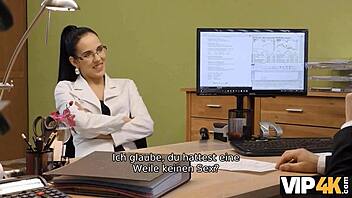 Czech brunette gets a blowjob for cash at work