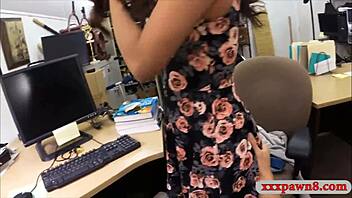 Hidden cam catches hot coed with glasses getting railed at pawnshop.