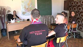 Blonde And Brunette Engage In Intense Anal Sex In Classroom