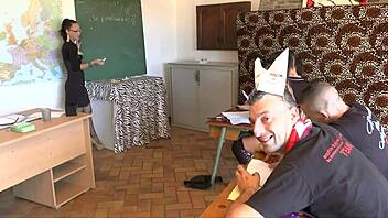 Blonde And Brunette Engage In Intense Anal Sex In Classroom