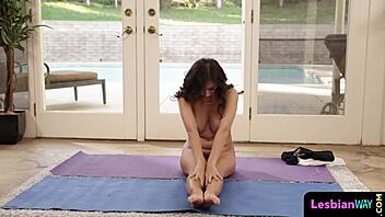 busty yoga babe licks wet pussy with intense desire