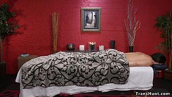 Big dick shemale masseuse dominates brunette slave with anal fucking.