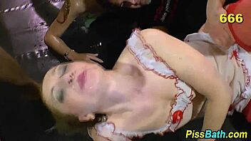 Old Slut In Stockings Swallows Pee During Intense Orgy