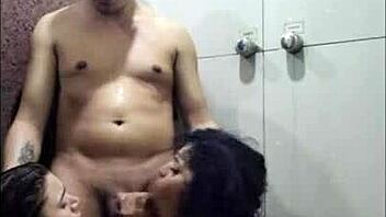 two brazilian amateurs get wet in the shower threesome, hotwife gabbie luna and rennan luna moaning in full-on red passion.