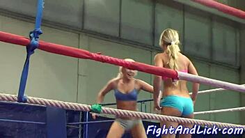 Lesbian beauties lick each other's pussies in a hot wrestling match