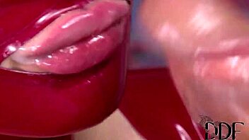 latex lucy performs cumshot scenes in rubber catsuit