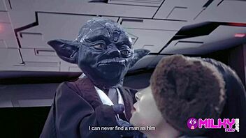 Cumming in a parody of Star Wars - Yoda wins
