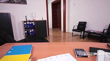 Linda Moretti takes on a new assignment at work, riding shaved cock in POV doggystyle with small tits bent over