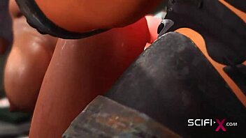 Cartoon character and a sexy black girl in restraints in a deepthroat video