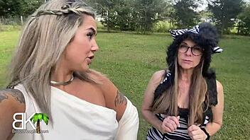 Instagram babes give blowjob to a big dick in a trailer