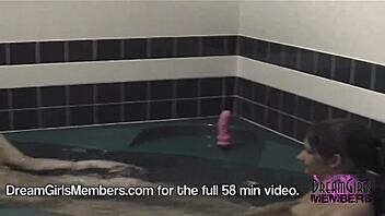 Two step sisters attempt to insert large vibrators into their tight wet pussies by the pool