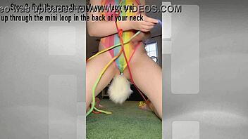 Rainbow bunny costume in a cool shibari tutorial