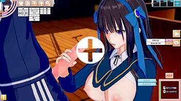 cool black-haired long-haired big-breasted jk original character gets boob massage in 3d cg anime