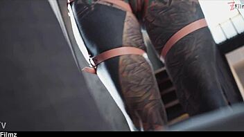 Big dick and big dildo play with tattooed goth babe in high heels