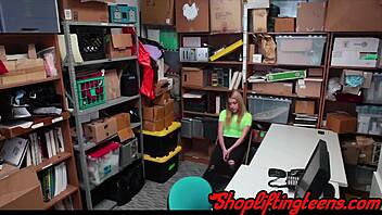 Slutty teen thief rides mall cop's cock and gets a facial in the shop.