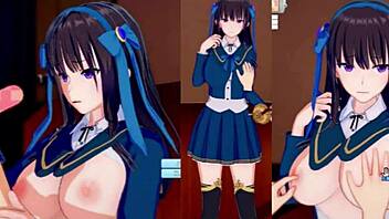 cool black-haired long-haired big-breasted jk original character gets boob massage in 3d cg anime