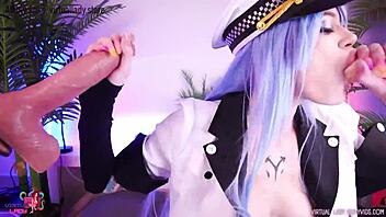 Esdeath Virtual Lady's Big Ass Gets a Double Blowjob