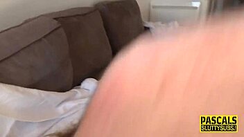 The brunette submissive rides and gets throated deeply.