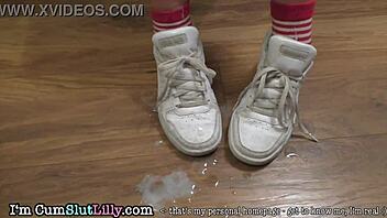 Watch a hot MILF enjoy a handjob and cum on sneakers