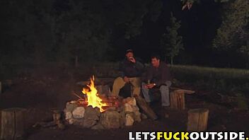 feeling the thrill of outdoor fucking by campfire, petite brunette moans in ecstasy