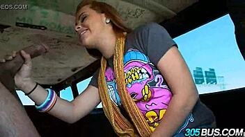 Redhead amateur fucked hard in wild outdoor car scene with two guys.