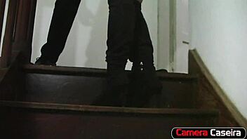 Blonde Mirella Mansur fucks on stairs with cumshot