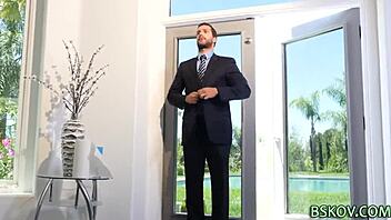 Watch this pornstar bend over for doggystyle blowjob in stockings