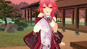 Yae Miko's POV fuck in Genshin Impact hentai, riding with big tits and blowjob