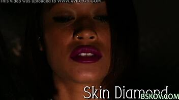 Ebony pornstar gets facial after wild handjob and blowjob in stockings