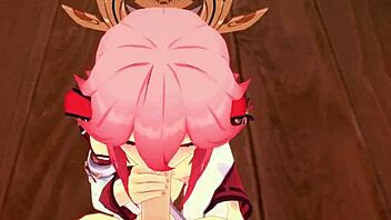 Yae Miko's POV fuck in Genshin Impact hentai, riding with big tits and blowjob