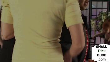 In a kinky group, dominas wank the Asian sub's tiny dick