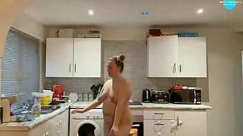 amateur teen 18+ager cleans naked, her shaved pussy and tits on display.