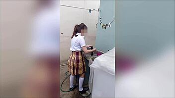 My stepdaughter's cute lingerie gets a thorough washing in this homemade video