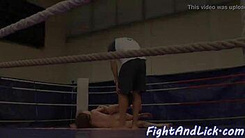 Check out these wrestling cuties using toys on their pussies in the boxing ring