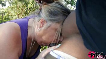 pawg gilf delivers outdoor bbc blowjob  