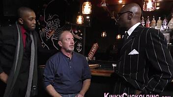 Group fucks cuckold, jizzed by big black cocks