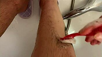 Foot fetish hairy legs shaving in shower