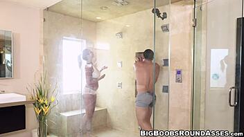 Curvy milf with massive hooters in shower
