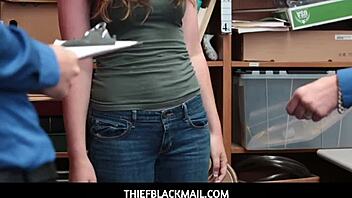 Caught red-handed, criminal Lexi Lovell gets fucked by two security guards
